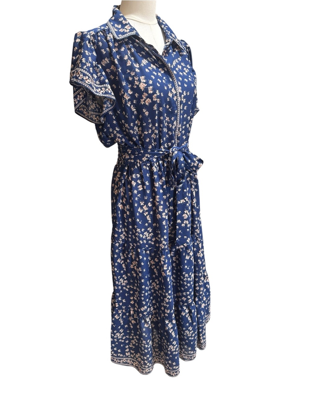 Max Studio Floral Tie Waist Flutter Sleeve Tiered Midi Dress Blue XL - Picture 6 of 8
